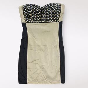 Stella & Jamie NWT Studded‎ Silk Black and tan Strapless Mini Dress Size XS